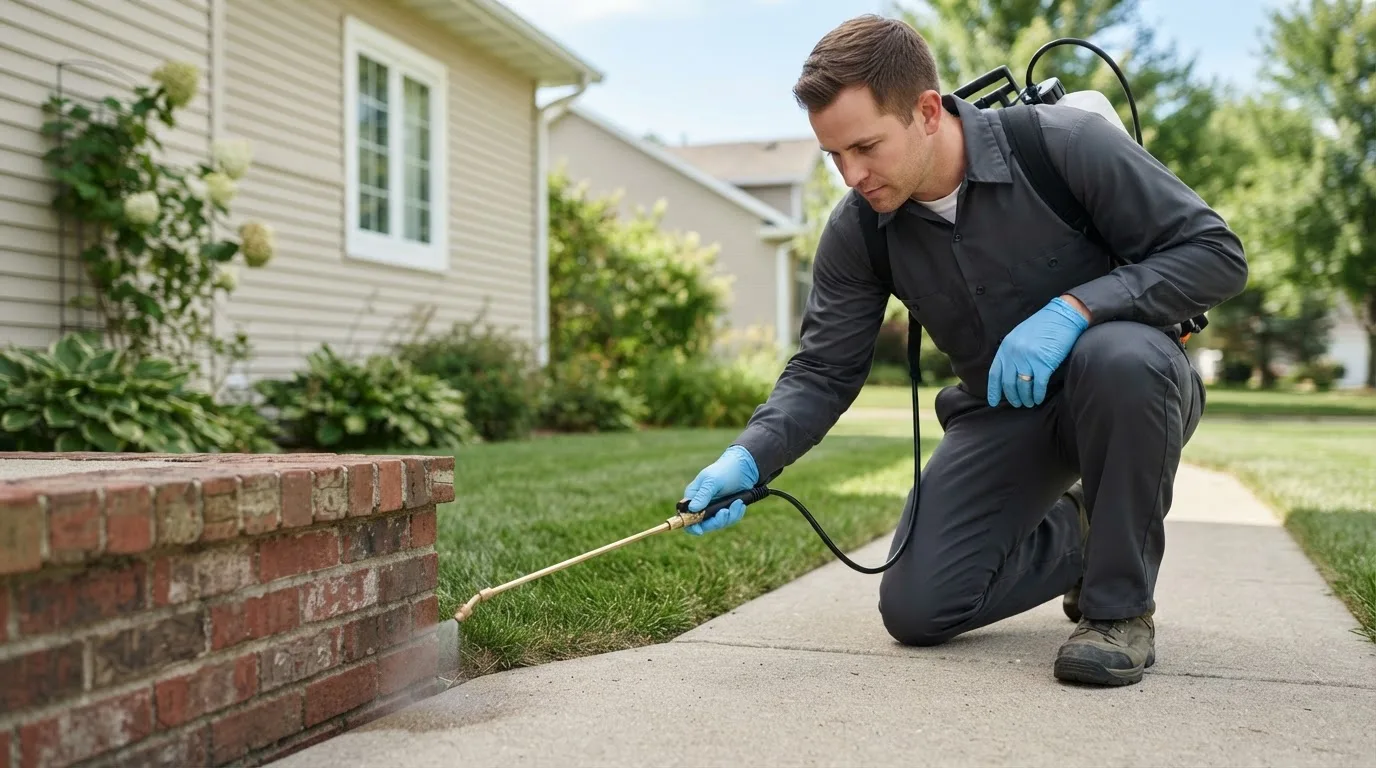 Pest control technician treating a home near Laquey, MO