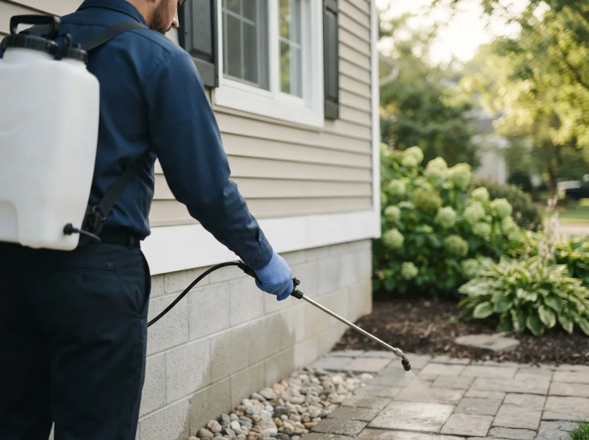Pest control technician inspecting a home in Laquey, MO